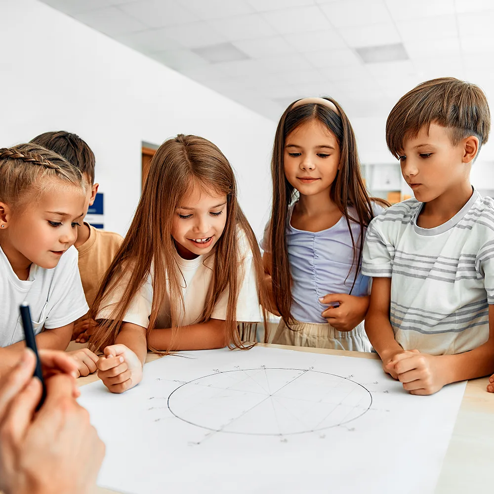 5 children standing around a drawing at a table at Bright Beginnings Academy daycare