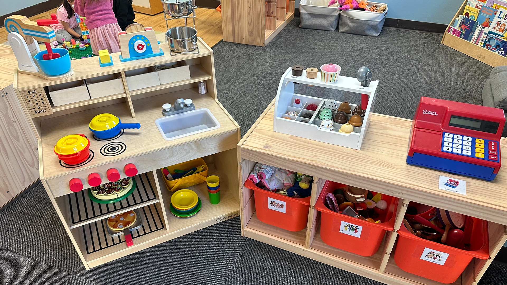 Bins full of toys in a play area in Burnsville